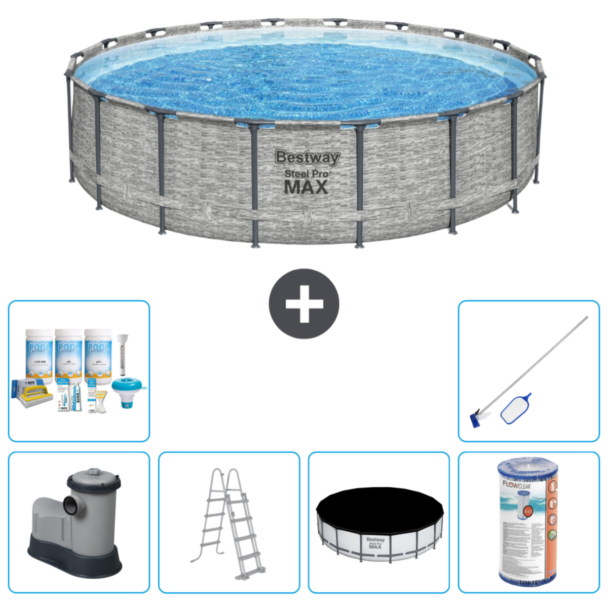 Grijze zwembad met steentextuur met accessoires. Inclusief chemicaliën, ladder, afdekking, tools.