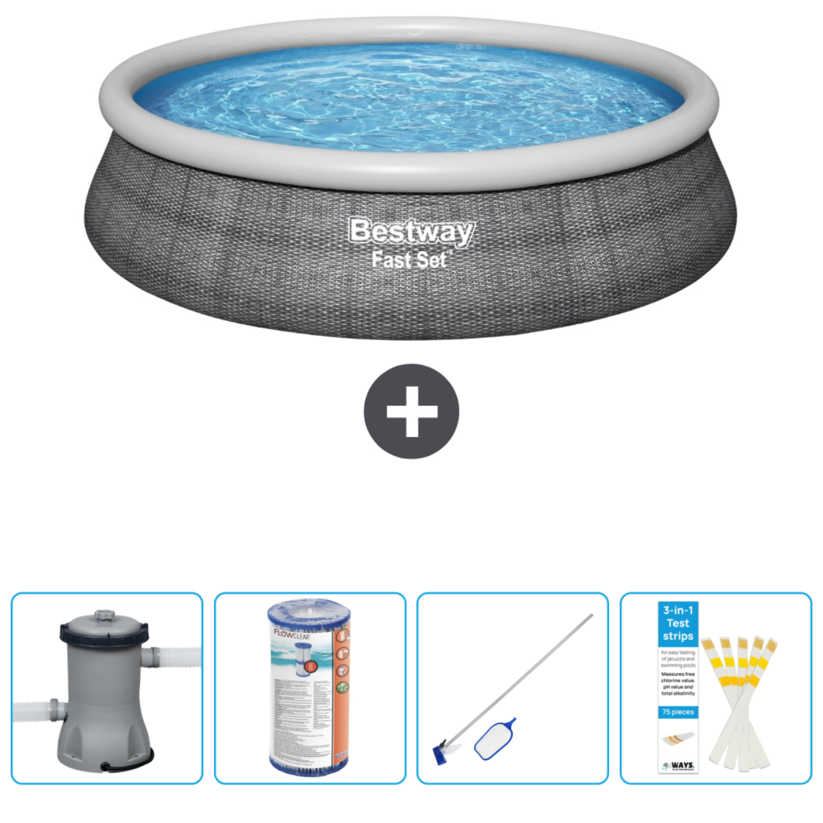 Rond zwembad met grijs patroon. Inclusief filter, teststrips, schoonmaakgereedschap en afdekking.