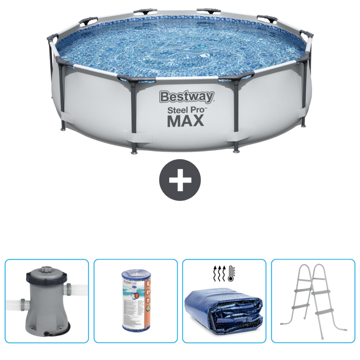 Wit en grijs zwembad met accessoires. Inclusief pomp, filter, afdekking en een ladder.