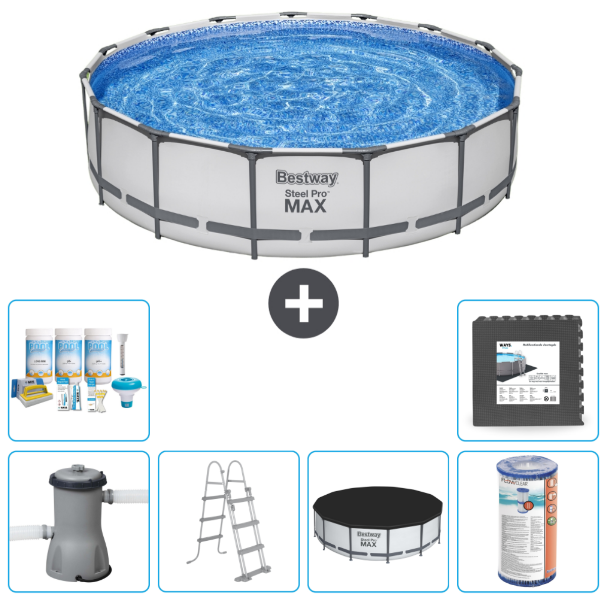 Rond Bestway Steel Pro Max zwembad met accessoires. Inclusief schoonmaaktools, chemicaliën, etc.