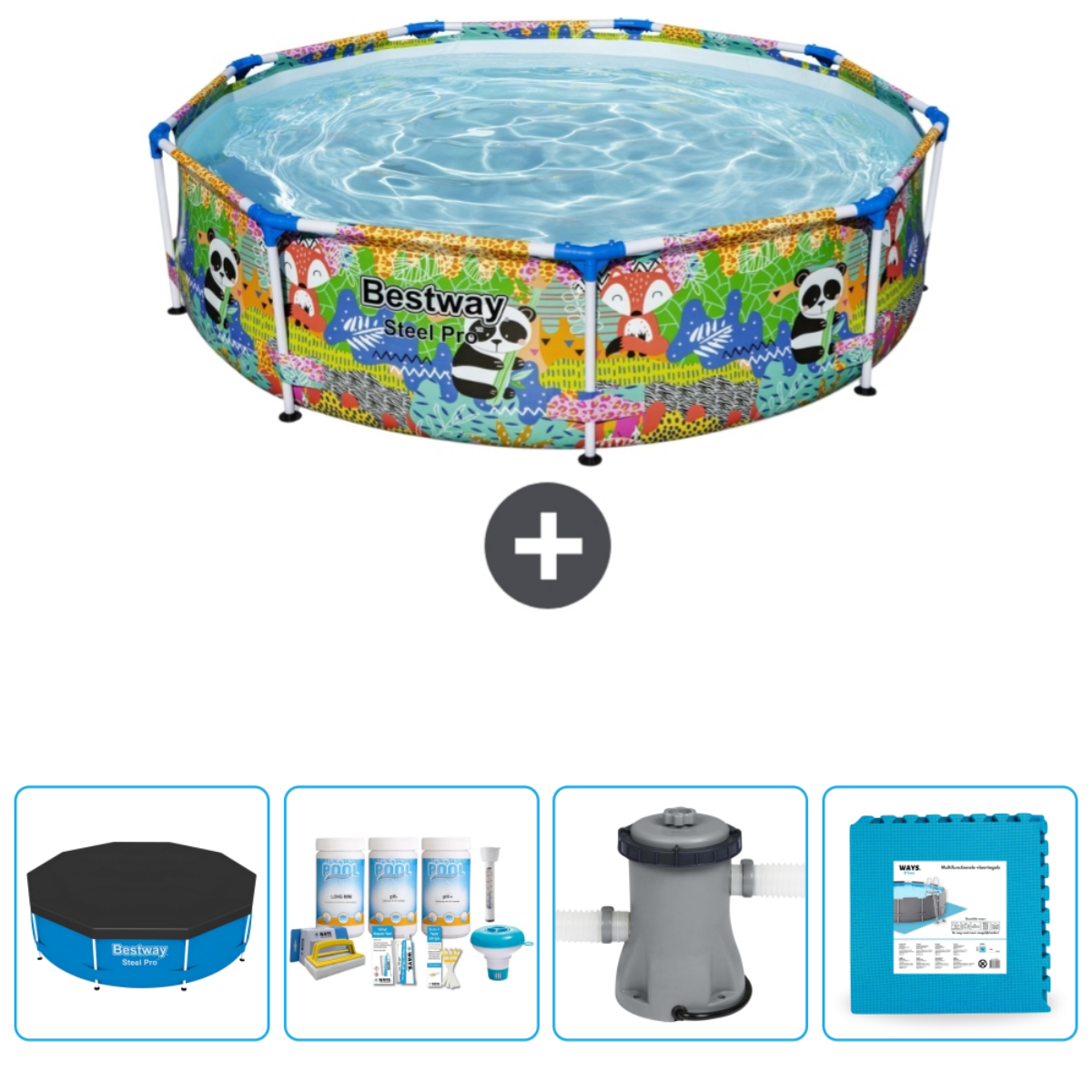 Piscine avec accessoires. Couverture, tablettes de chlore, filtre et un tapis.