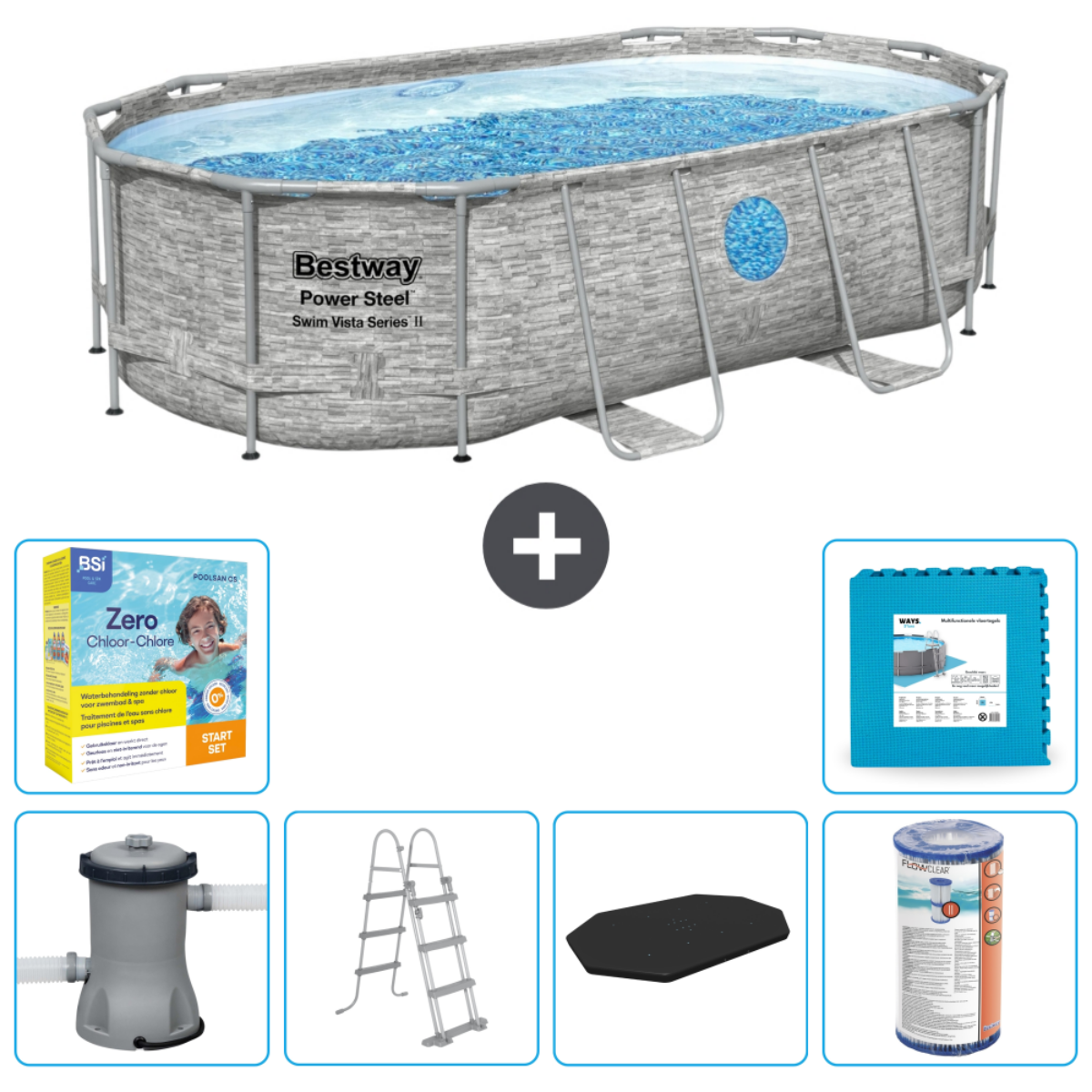 Ovaler Pool mit Zubehör: Chemikalien, Matte, Pumpe, Leiter und Abdeckung.
