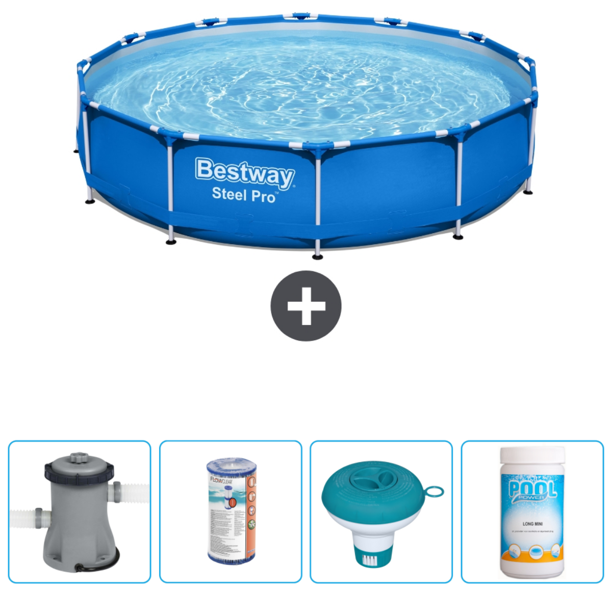Une piscine avec accessoires, incluant une pompe de filtration, chlore et un flotteur de piscine.