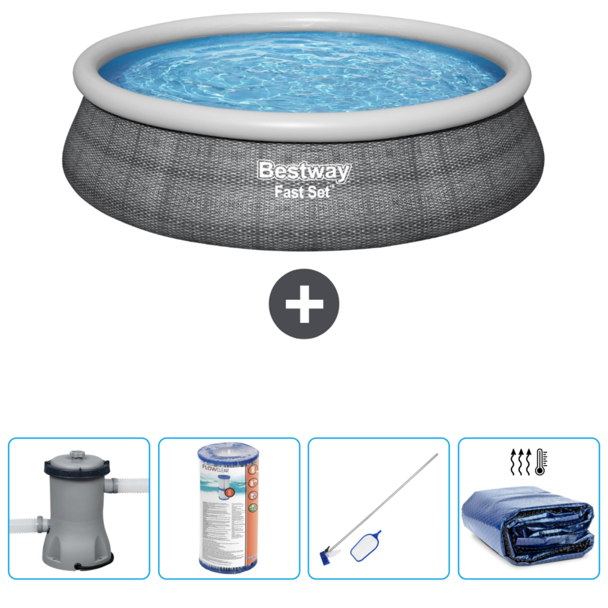Piscine ronde avec un design en osier gris. Accessoires : filtre, produits chimiques, couverture, thermomètre.