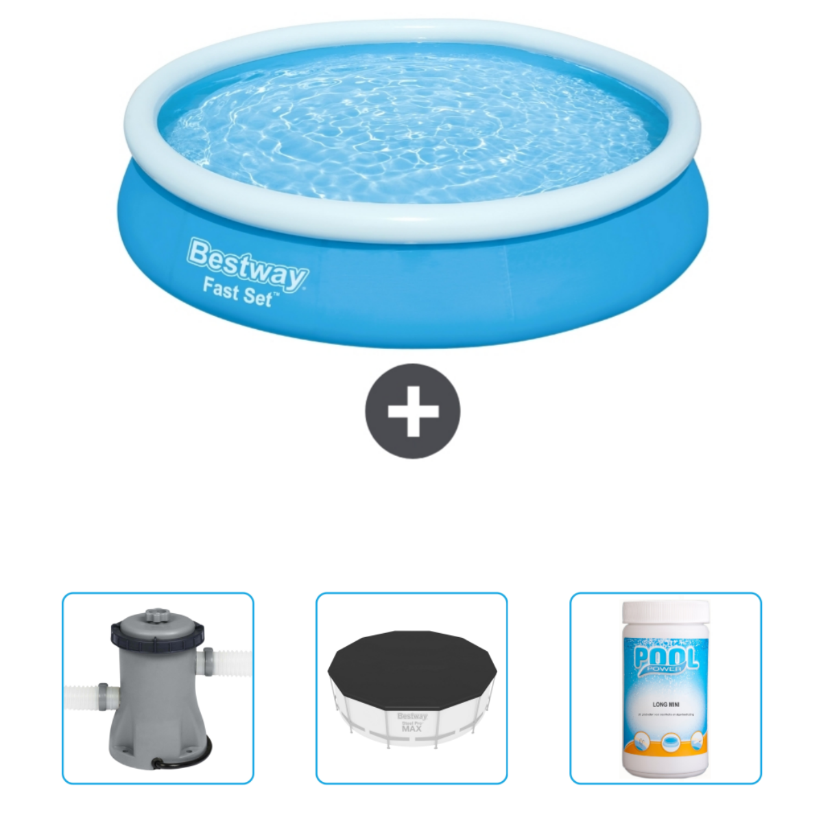 Blauw opblaasbaar zwembad met pomp, afdekzeil en chemicaliën.