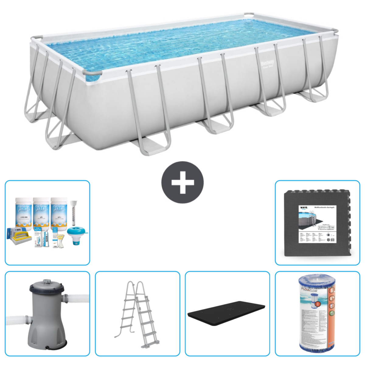 Rechthoekig zwembad met accessoires: chemicaliën, ladder, afdekzeil, pomp en grondzeil.