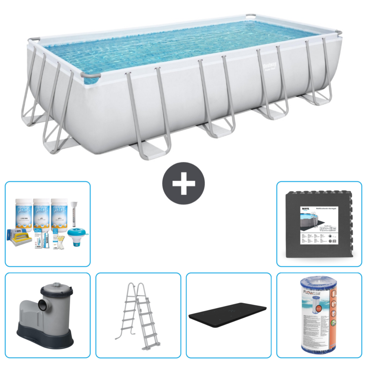 Rechthoekig zwembad met blauw water. Inclusief filter, ladder, afdekking en andere accessoires.