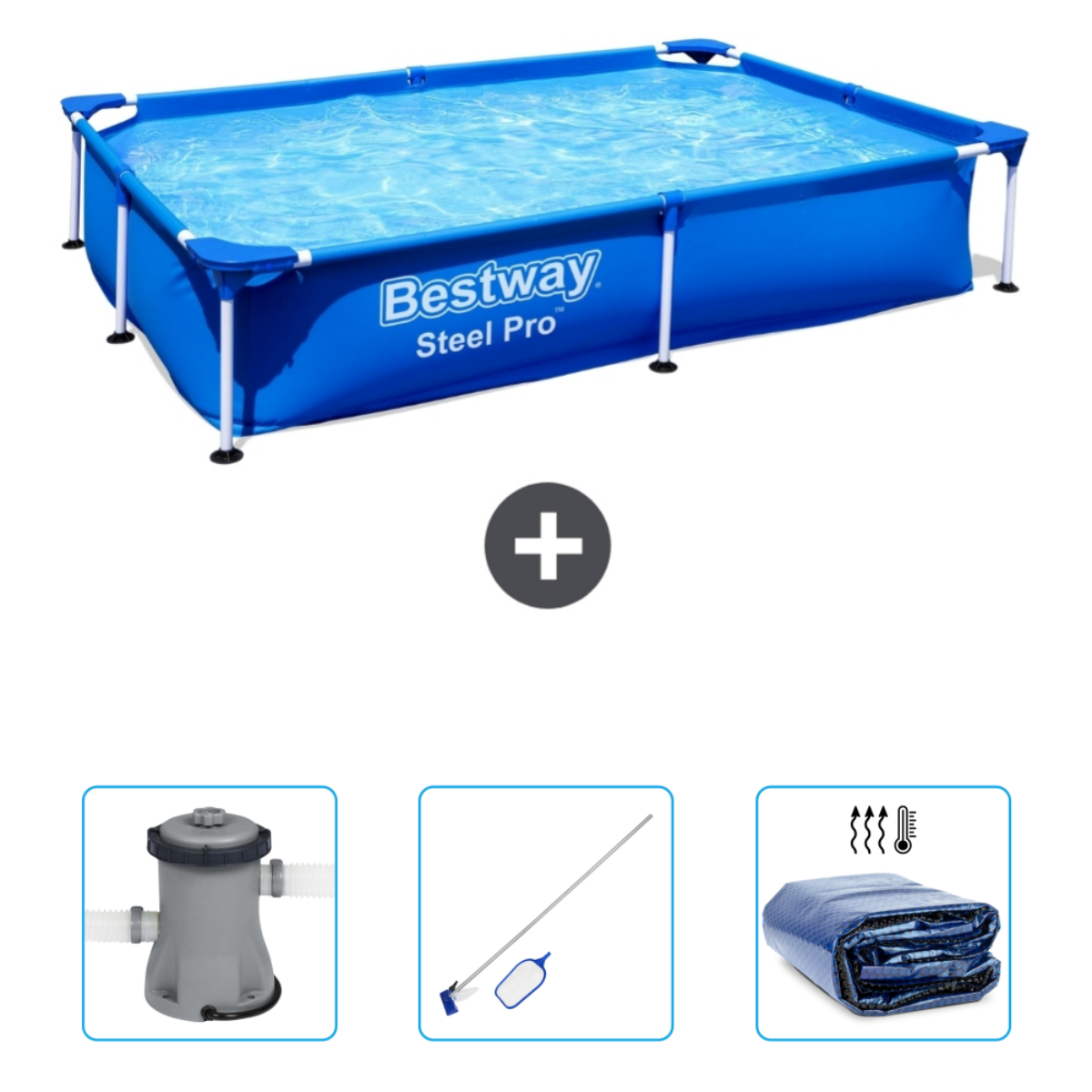 Een houten ronde pool. Inclusief chlorinator, filter, ladder, afdekking en mat.