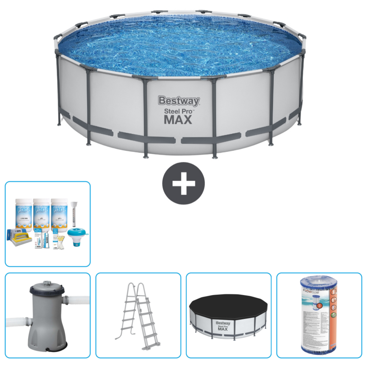 Piscine ronde à armature en acier avec accessoires, dont filtre, échelle et produits.