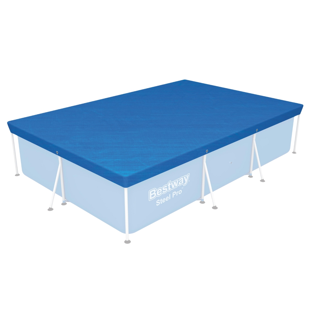 Couverture de piscine rectangulaire bleue sur une piscine rectangulaire blanche et bleue. La couverture porte le logo Bestway.