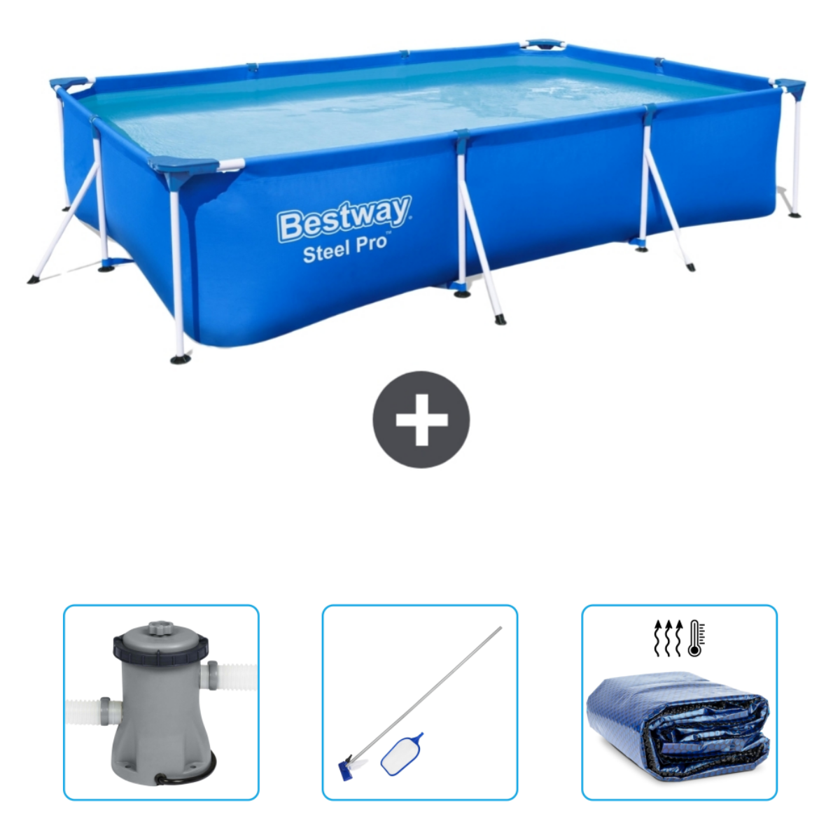 Une piscine hors sol bleue avec accessoires, dont une pompe, un nettoyeur et une couverture.