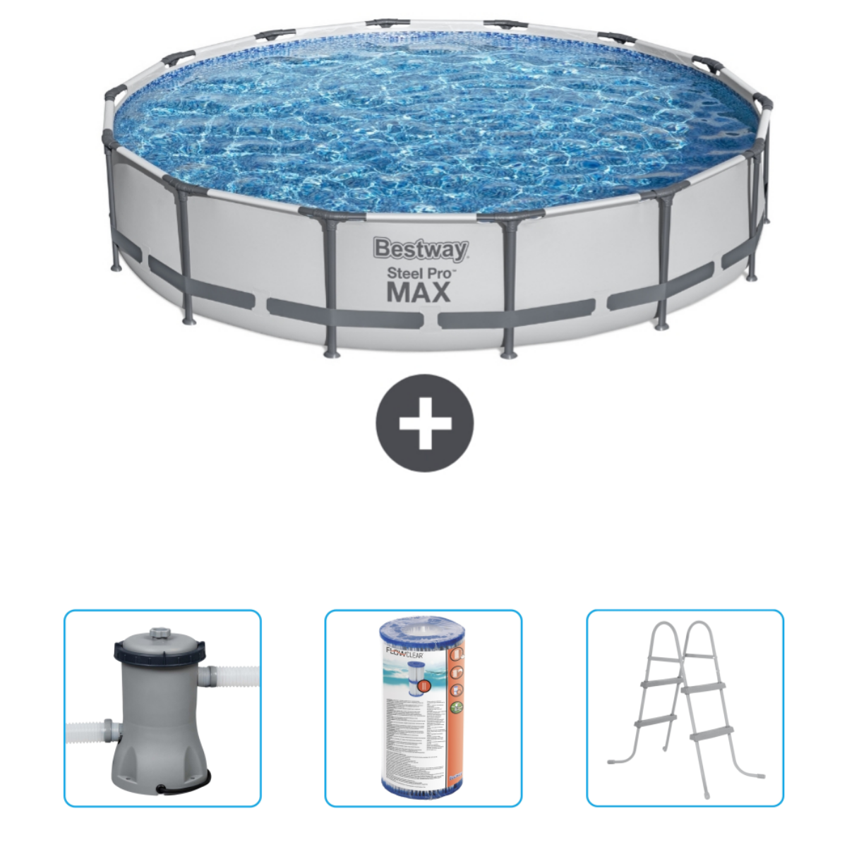 Achthoekig zwembad met accessoires: pomp, filter, ladder en schoonmaaktool.