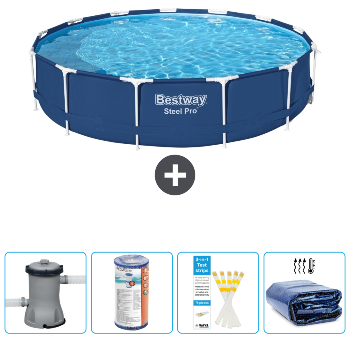 Zwembadset: Blauw zwembad met water, accessoires: filter, chemicaliën, afdekking en teststrips.