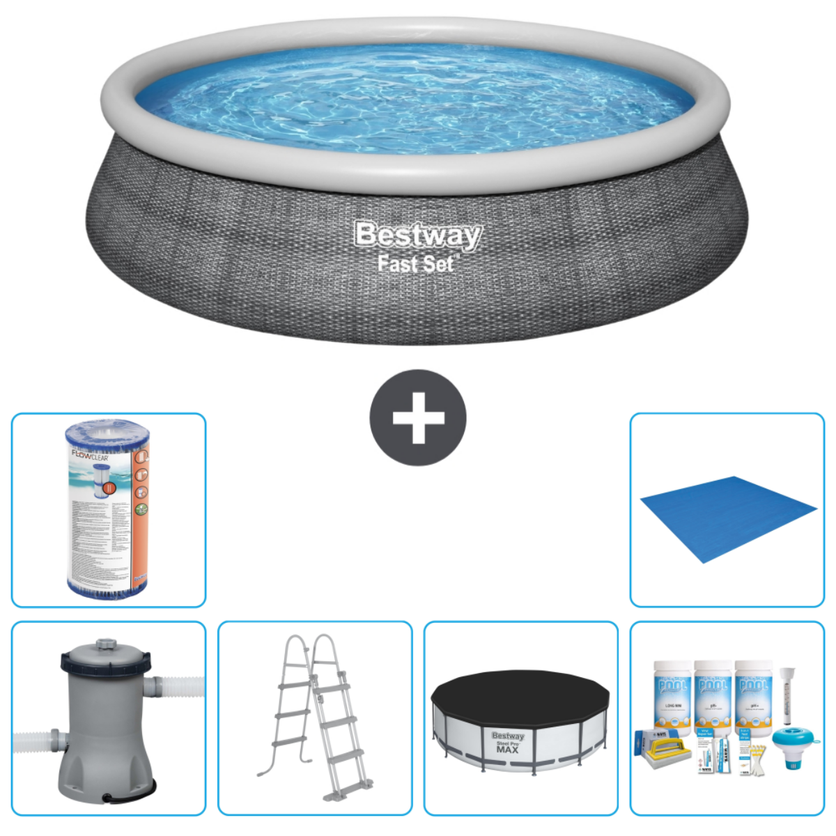 Rond zwembad met grijs patroon. Inclusief filter, teststrips, ladder, afdekking en grondzeil.