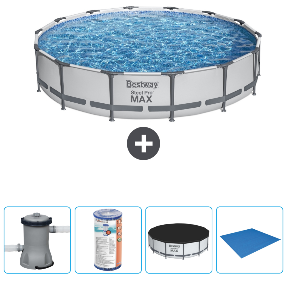 Ronde pool met een wit en grijs frame. Items in de afbeelding zijn een filter en een cover.