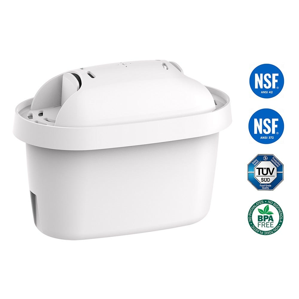 Weißer Wasserfilter. NSF- und TUV-Logos sichtbar. BPA-frei und ungiftige Kunststoffetiketten.