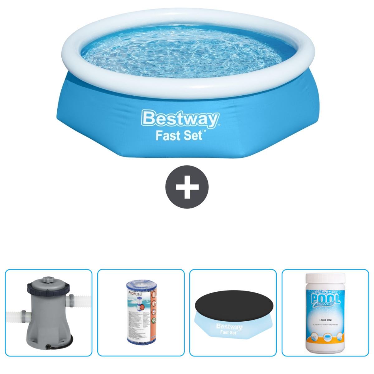 Een blauw, opblaasbaar bovengronds zwembad met accessoires: pomp, filter, afdekzeil en chemicaliën.