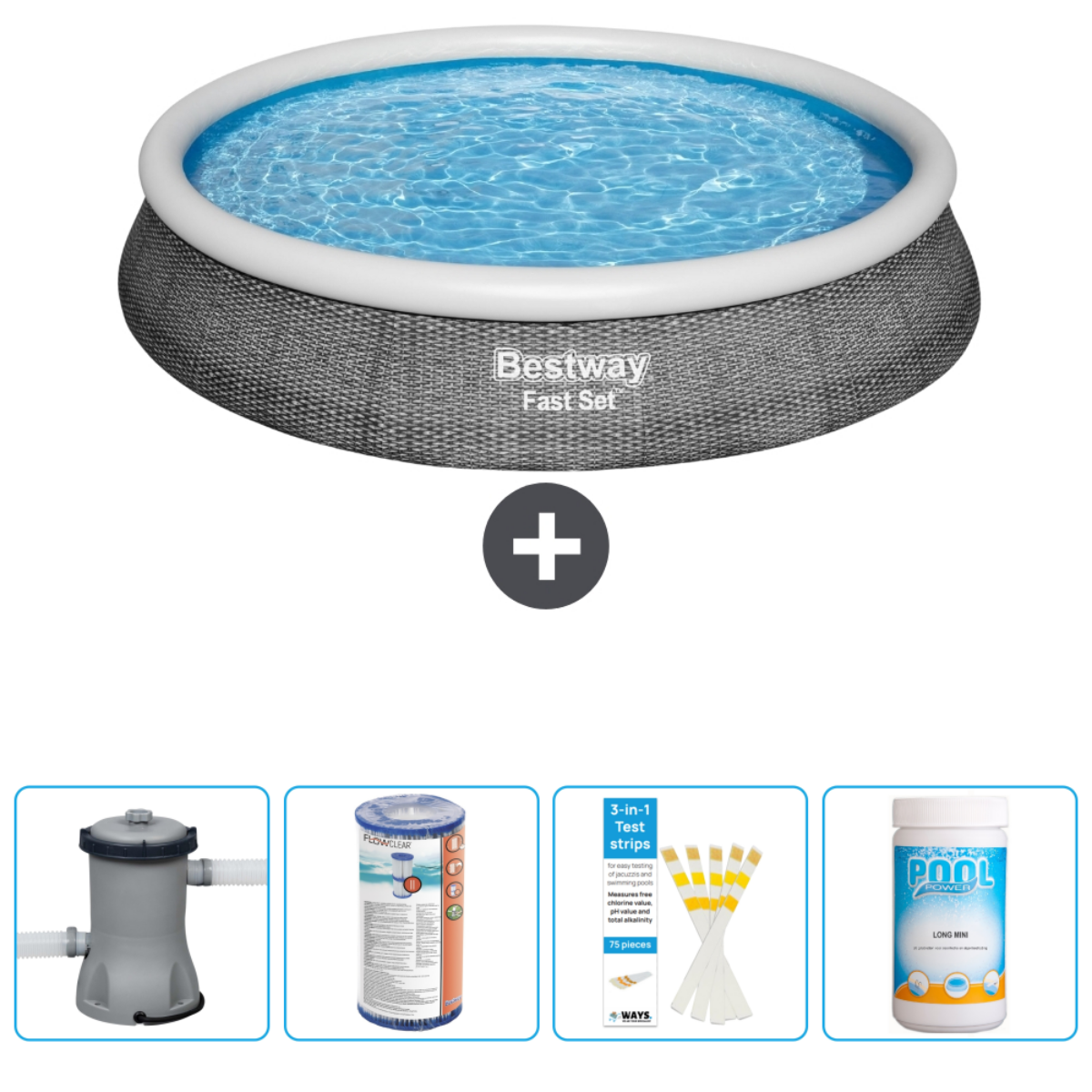 Piscine ronde avec eau, accessoires comme pompe, filtre. Étiquette Bestway Fast Set visible.