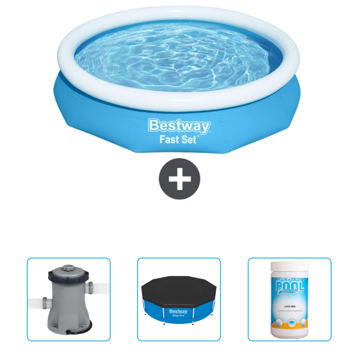 Een blauw en wit opblaasbaar zwembad met accessoires. Het zwembad heeft water en het merk Bestway.