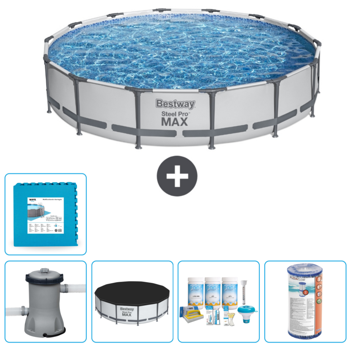 Rond metalen zwembad met accessoires: mat, pomp, afdekzeil, chemicaliën en reiniger.