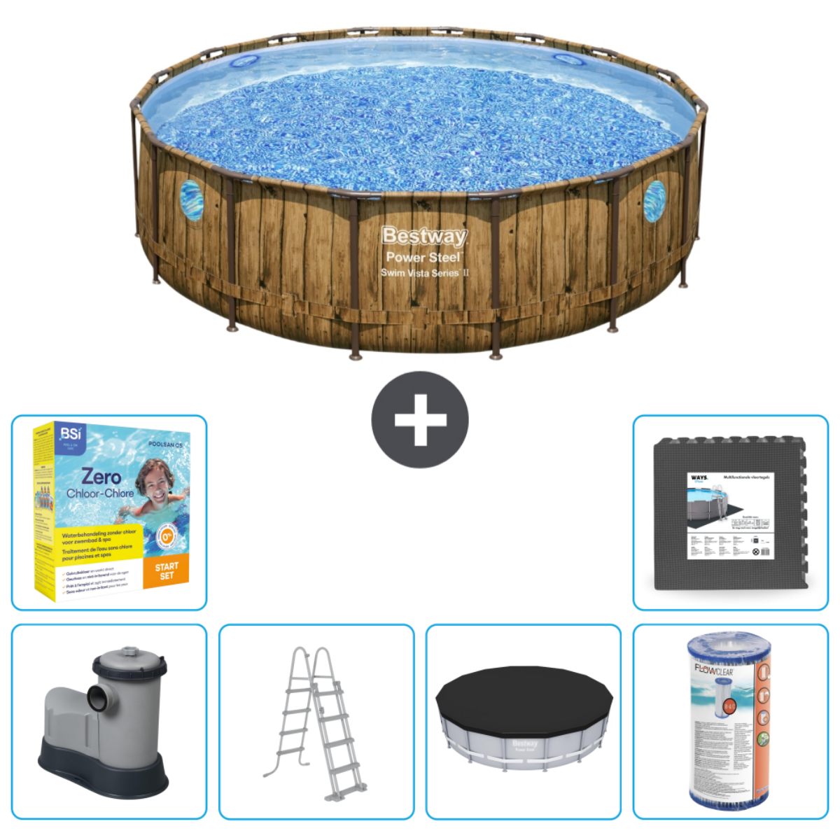 Een blauw, rond zwembad. Inclusief een afdekking, een chlorinator, een filter en een ladder.