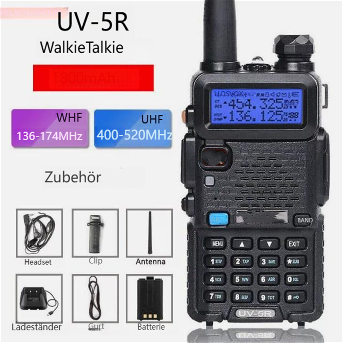 Ein schwarzes UV-5R Walkie Talkie mit Display, Knöpfen und Antenne. Zubehör wird unten gezeigt.