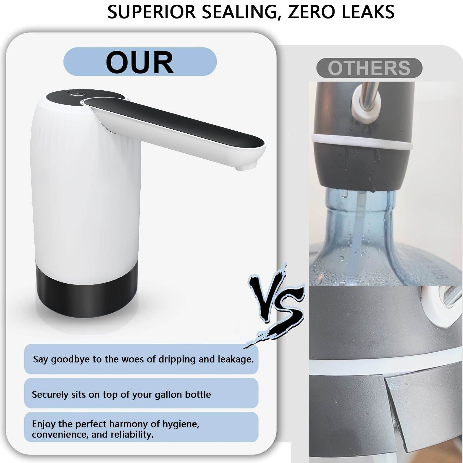 Wasserspender mit weißem und schwarzem Design. Vergleich mit einem anderen Spender rechts.