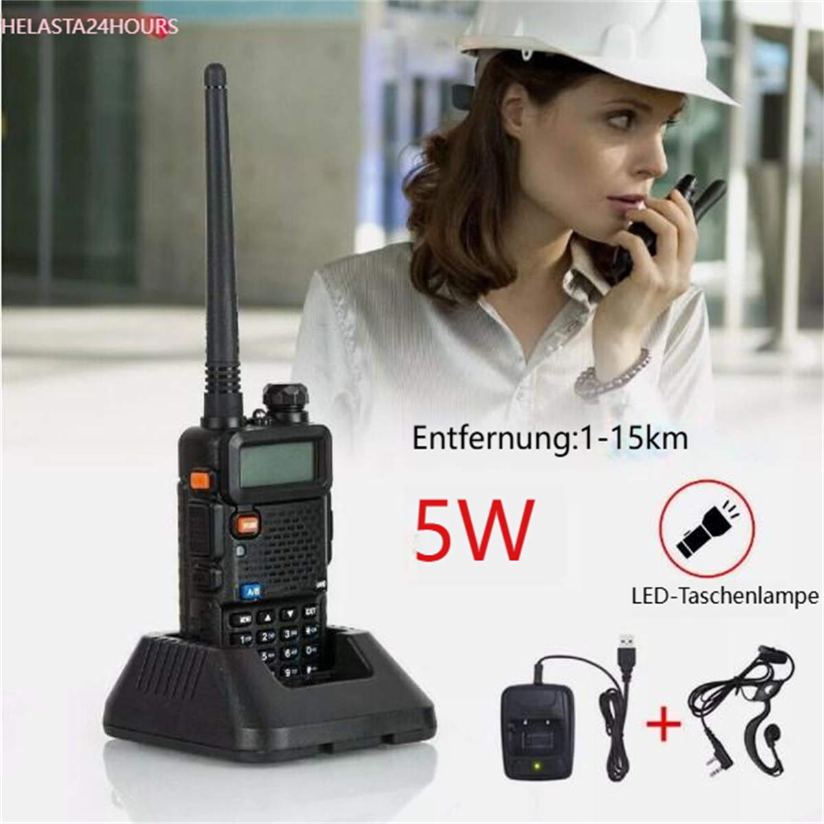 Ein Walkie-Talkie auf einem Ladegerät, mit einer Frau im Hintergrund. Zubehör umfasst Headset und Ladegerät.