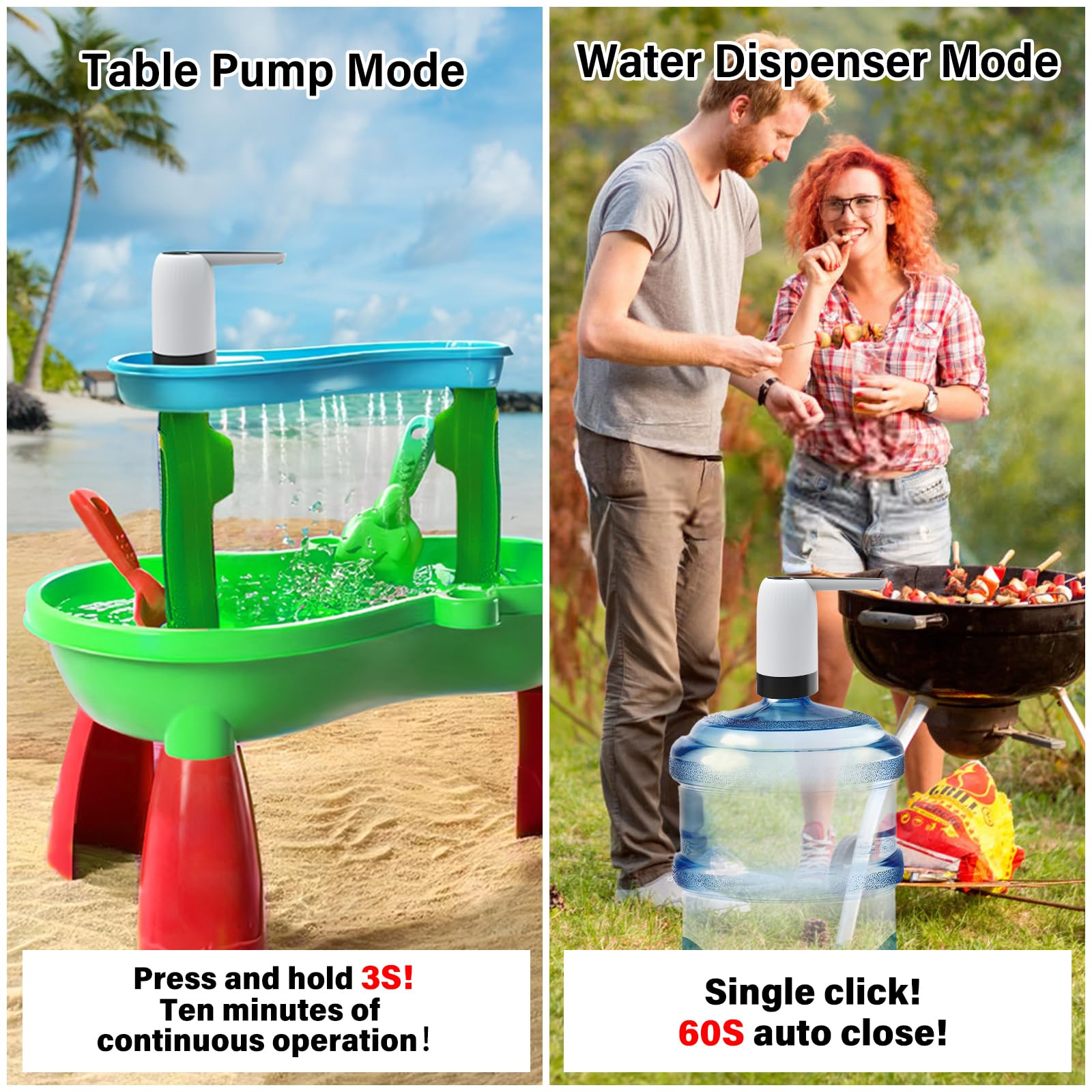 Zwei Bilder: Eine Wasserpumpe mit einem roten Löffel und Menschen, die einen Wasserspender im Freien benutzen.