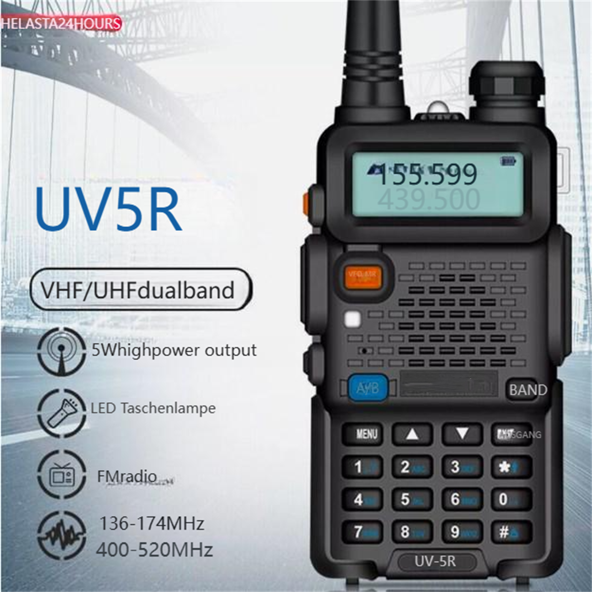 Ein schwarzes UV5R-Funkgerät mit Knöpfen, Display und Details zu VHF/UHF-Dualband- und UKW-Radio-Funktionen.