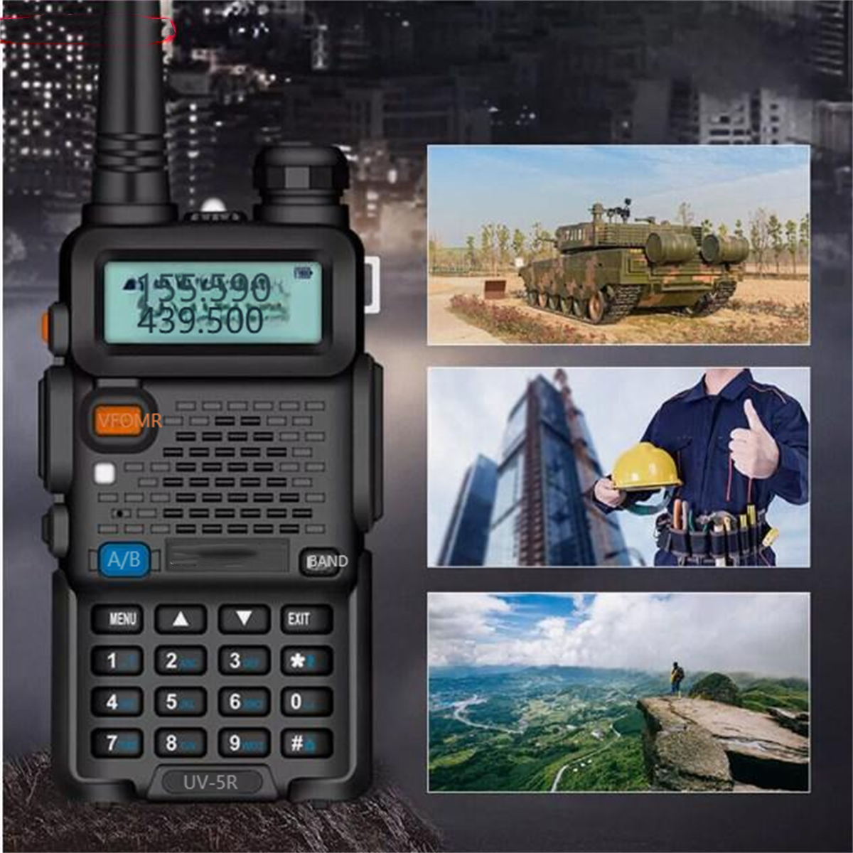 Ein schwarzes Walkie-Talkie. Drei Bilder rechts: ein Panzer, ein Bauarbeiter und eine malerische Aussicht.