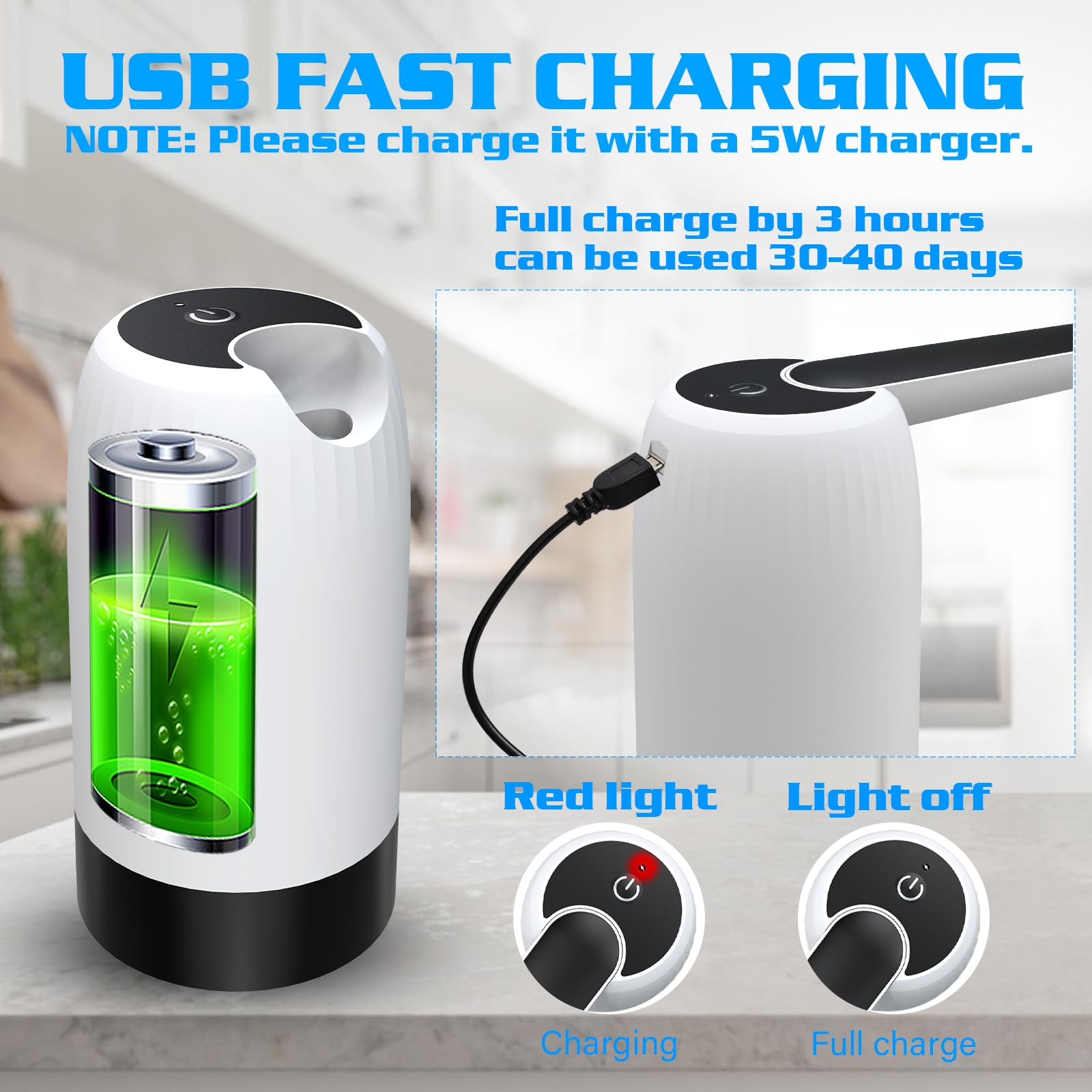 Ein weißer Wasserspender mit Batteriefach, Lade-/Vollladeanzeige und Ladekabel.