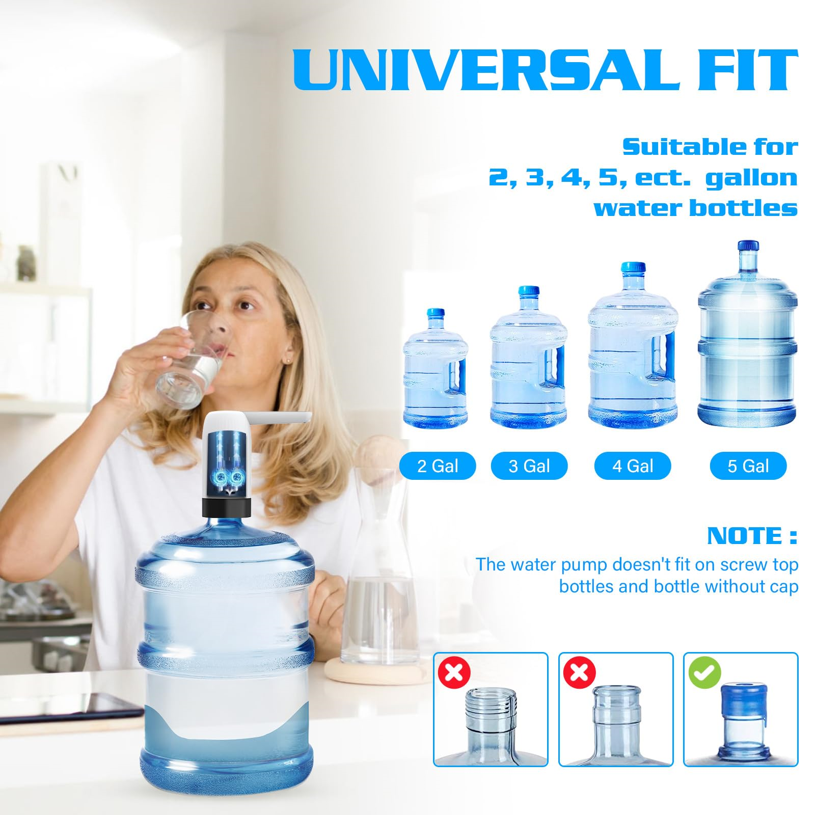 Frau trinkt Wasser aus einem Glas. Wasserpumpe auf einer großen Wasserflasche. Verschiedene Wasserflaschen im Hintergrund.
