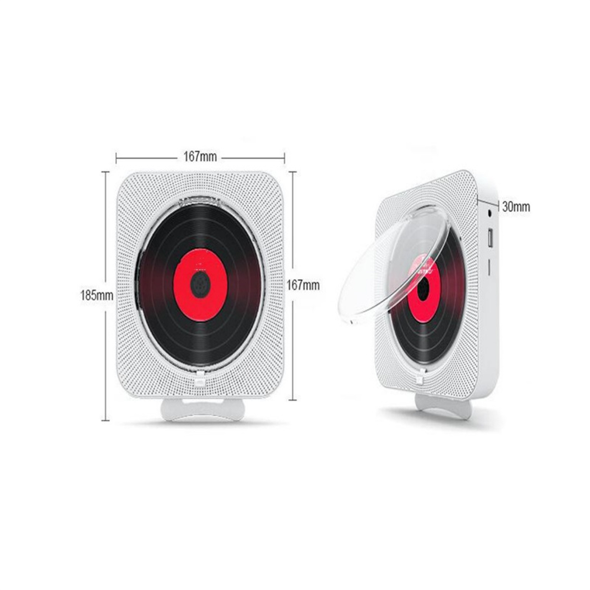 Weißer, an der Wand montierter CD-Player mit Maßangaben. Geöffnete und geschlossene Disc-Schublade.