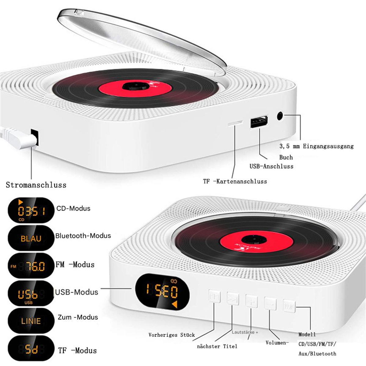 Weißer CD-Player mit roter Disc, Knöpfen und Anschlüssen sichtbar.