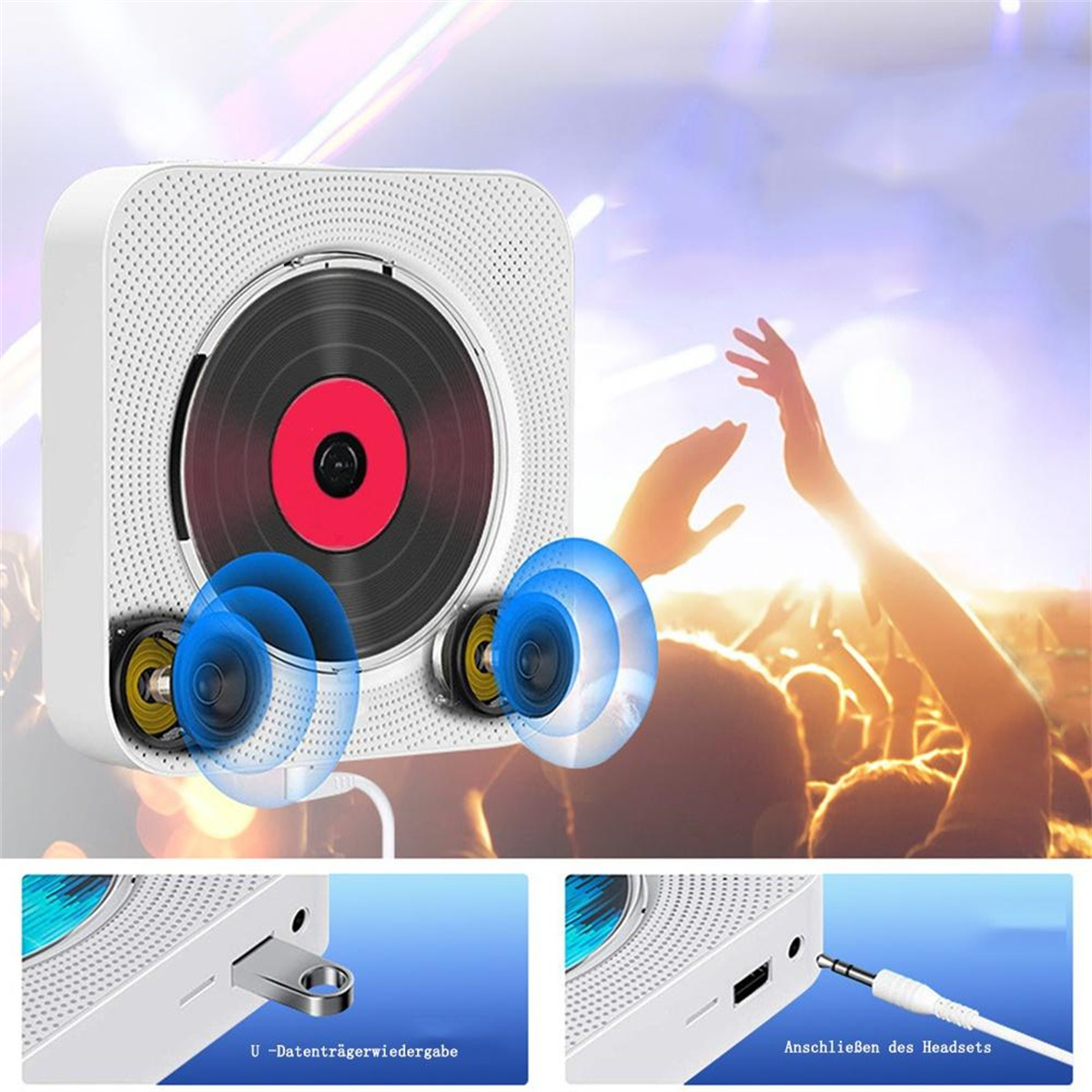 CD-Player mit Lautsprechern, mit einer Menschenmenge und Anschlüssen gezeigt.