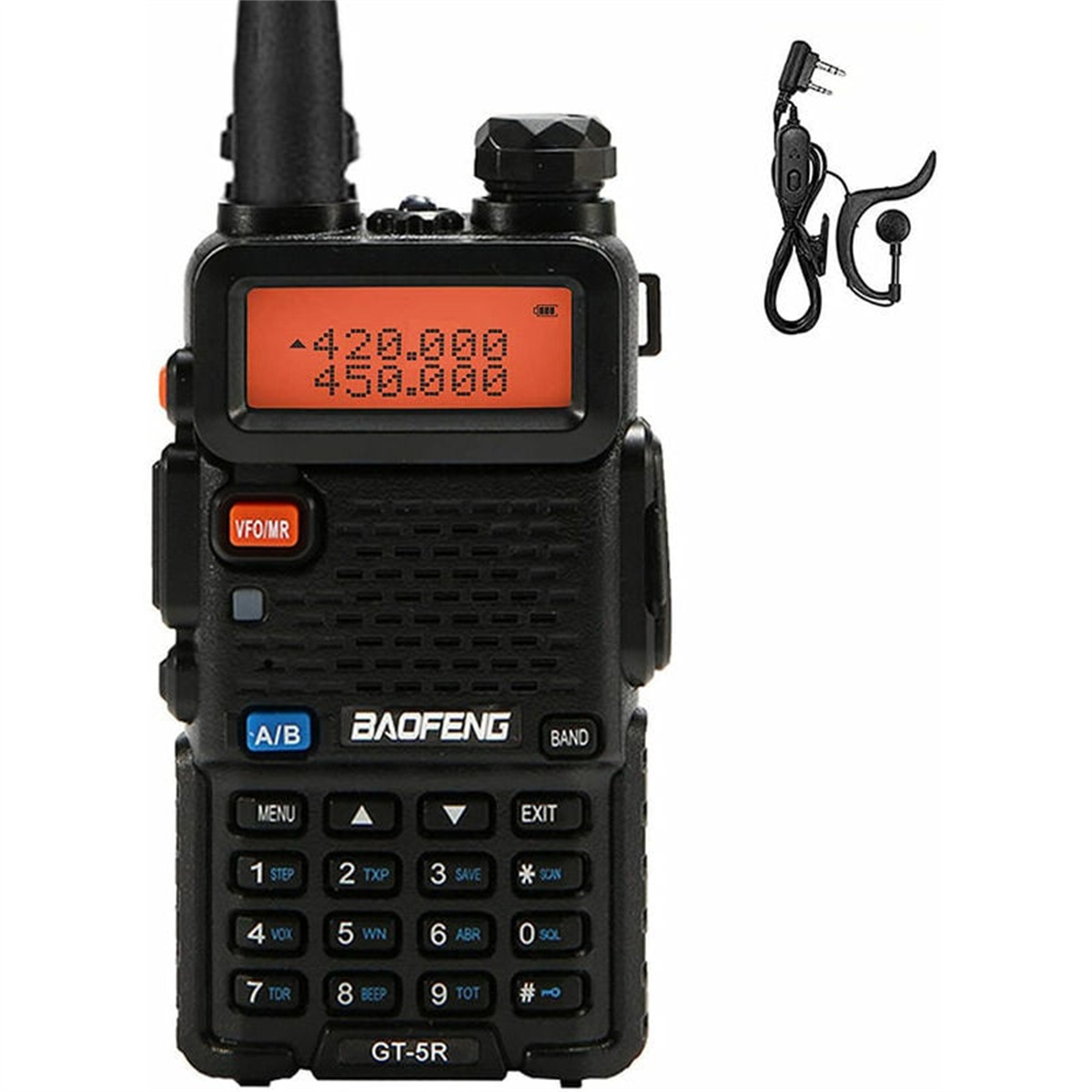 Schwarzes Baofeng GT-5R Funkgerät mit orangefarbenem Display. Es hat Knöpfe, ein Headset und eine Antenne.