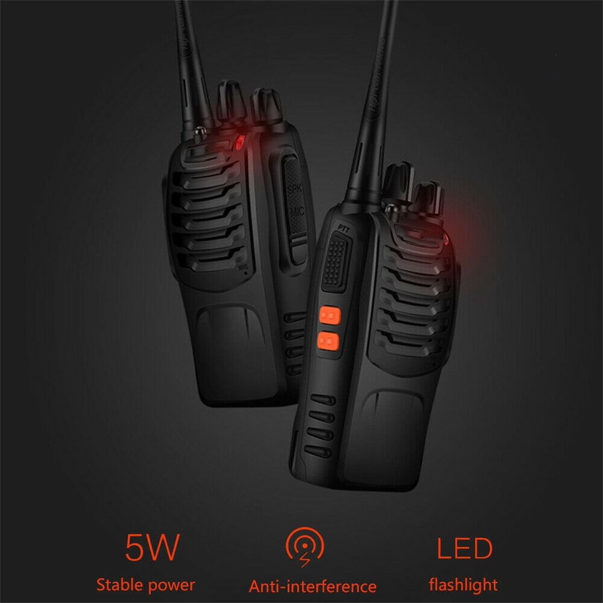 Zwei schwarze Walkie-Talkies. Rote Lichter oben. Text: Stabile Leistung, Anti-Interferenz und LED-Taschenlampe.
