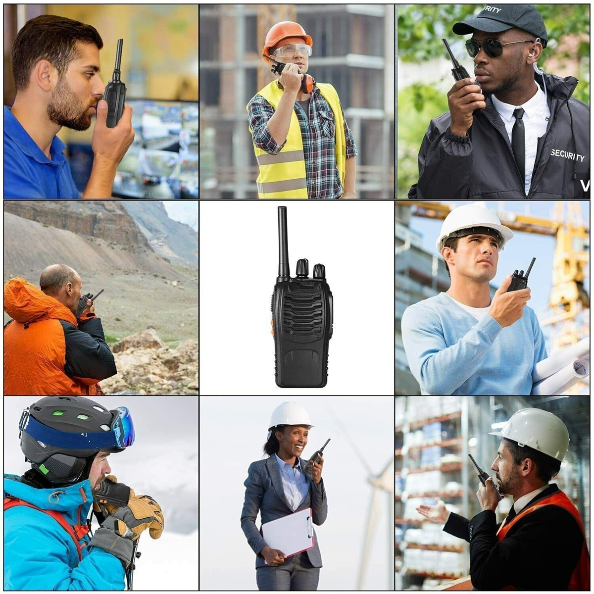 Collage von Personen, die Funkgeräte in verschiedenen Umgebungen verwenden, darunter Bau und Sicherheit.