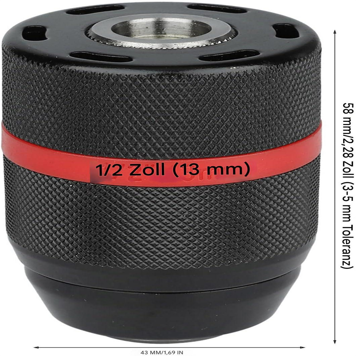 Ein schwarzes Bohrfutter mit rotem Ring und Text, Abmessungen in mm und Zoll.