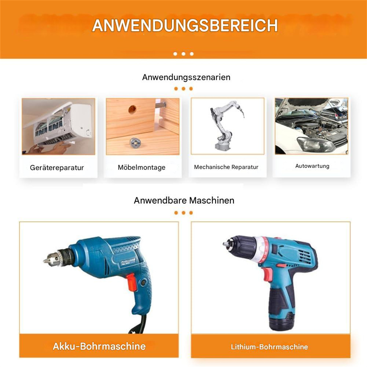 Bild zeigt Anwendungsbereiche: Geräte Reparatur, Möbelmontage, Mechanische Reparatur, Autowartung.