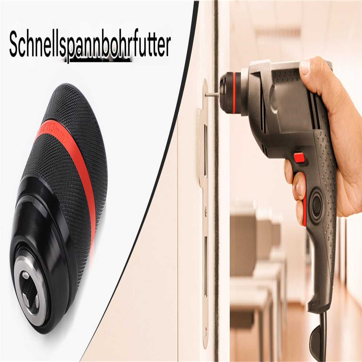 Ein Bohrer mit rotem Streifen an der Aufnahme neben einem Bohrfutter. Der Bohrer wird an einer Tür verwendet.