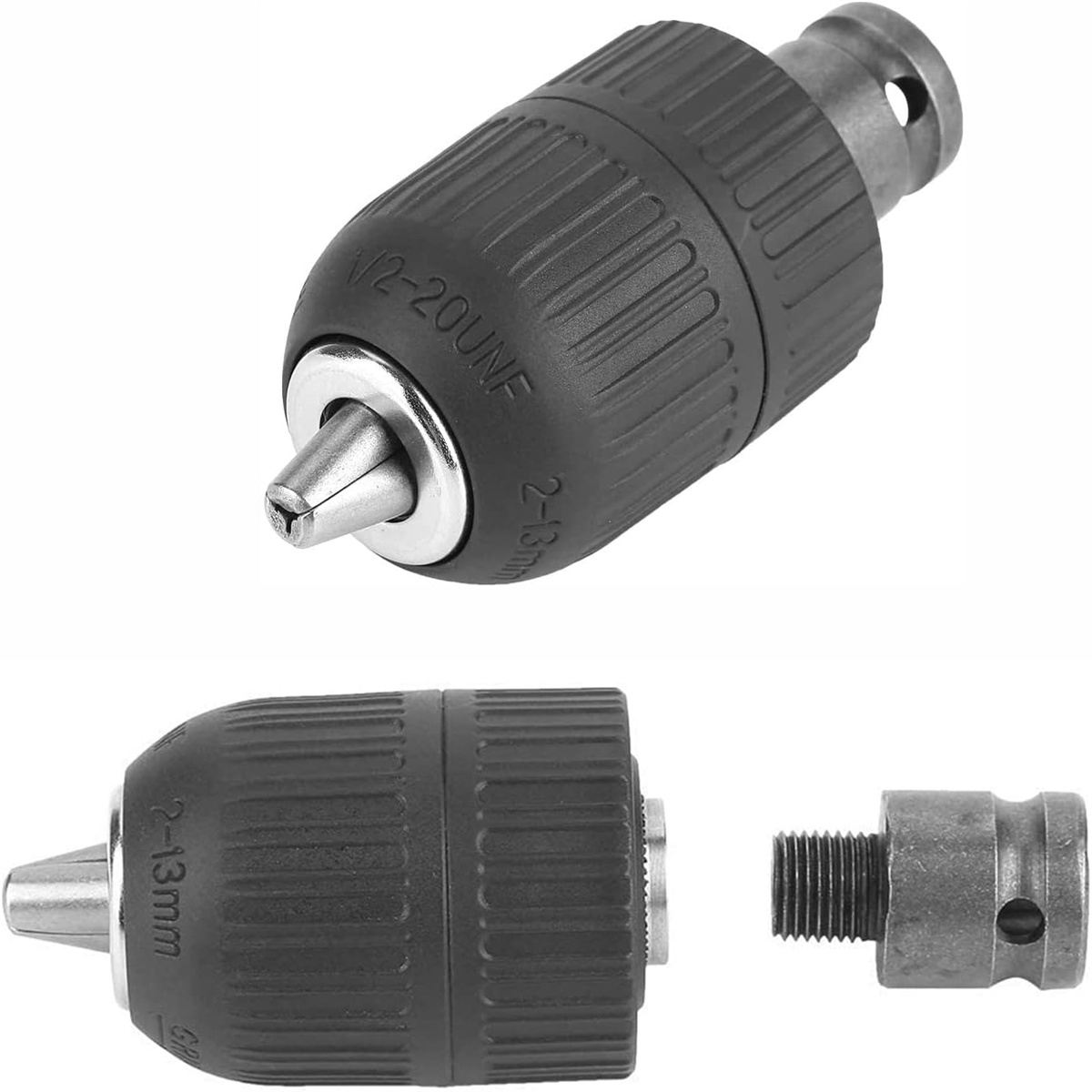 Zwei Bohrfutter und ein Adapter. Ein Futter ist komplett, das andere zerlegt. Der Adapter ist separat.