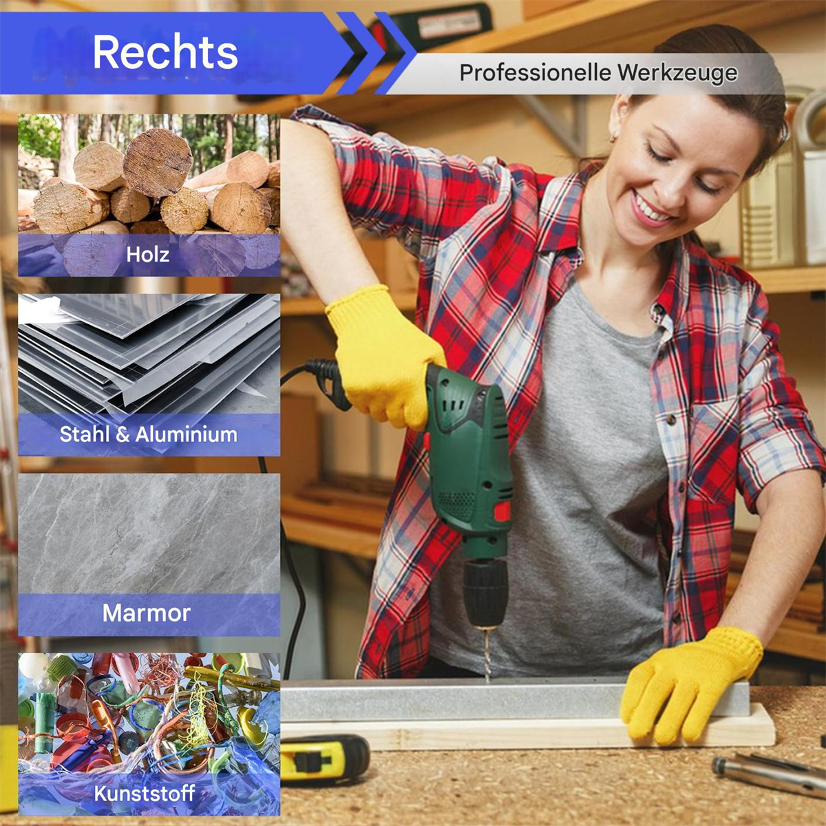 Frau benutzt Bohrmaschine, umgeben von Holz, Metallplatten, Marmor und Kunststoff. Text beschriftet die Artikel.