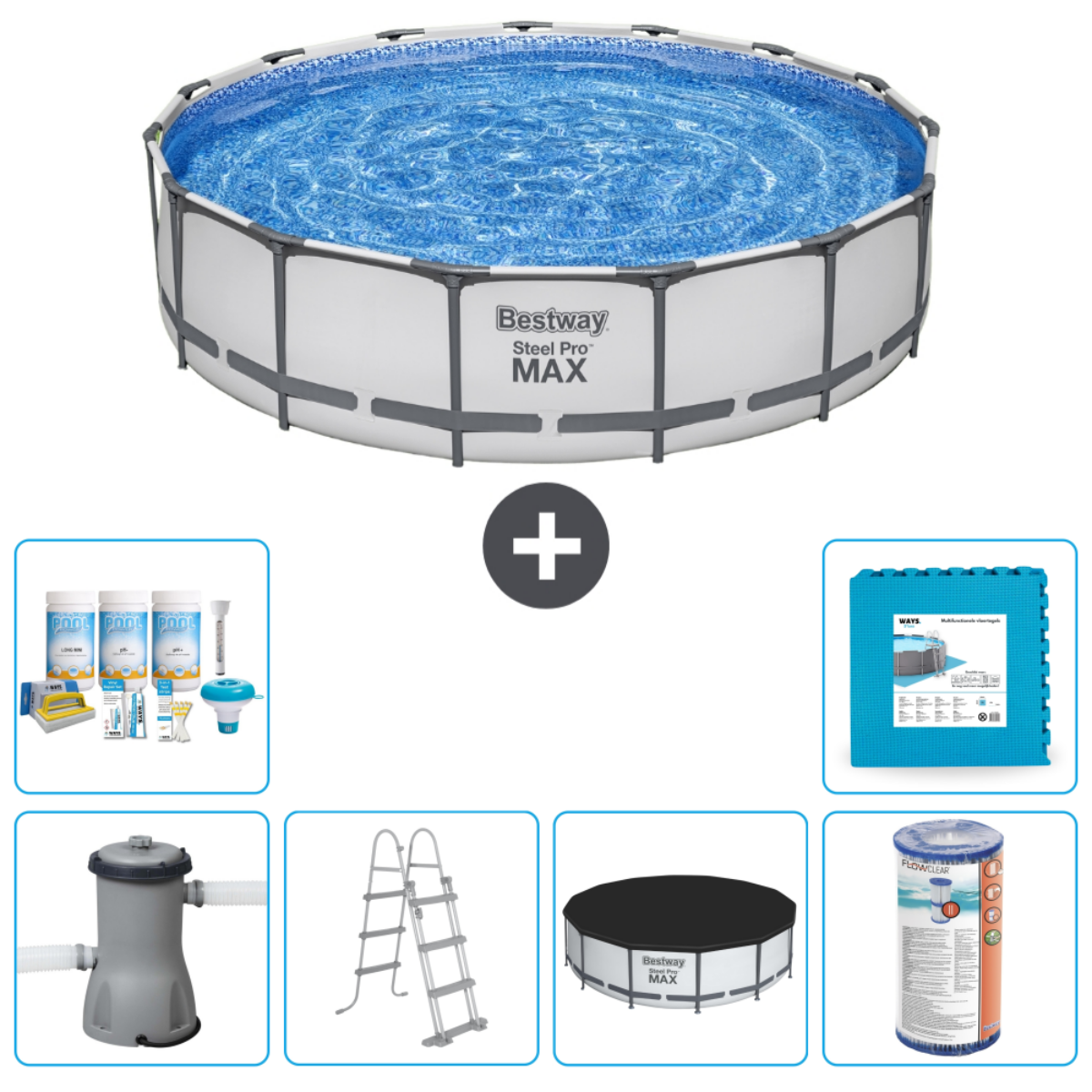 Au-dessus, une piscine avec accessoires : filtre, produits chimiques, échelle, couverture, tapis. La piscine a de l'eau et logo Bestway Steel Pro MAX.