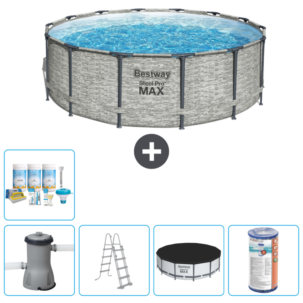 Piscine ronde avec accessoires : produits chimiques, pompe, échelle, bâche et filet. 'Bestway Steel Pro MAX'.
