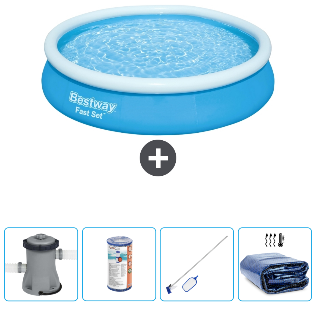 Een blauw, opblaasbaar bovengronds zwembad met accessoires: pomp, filter, reiniger en afdekzeil.