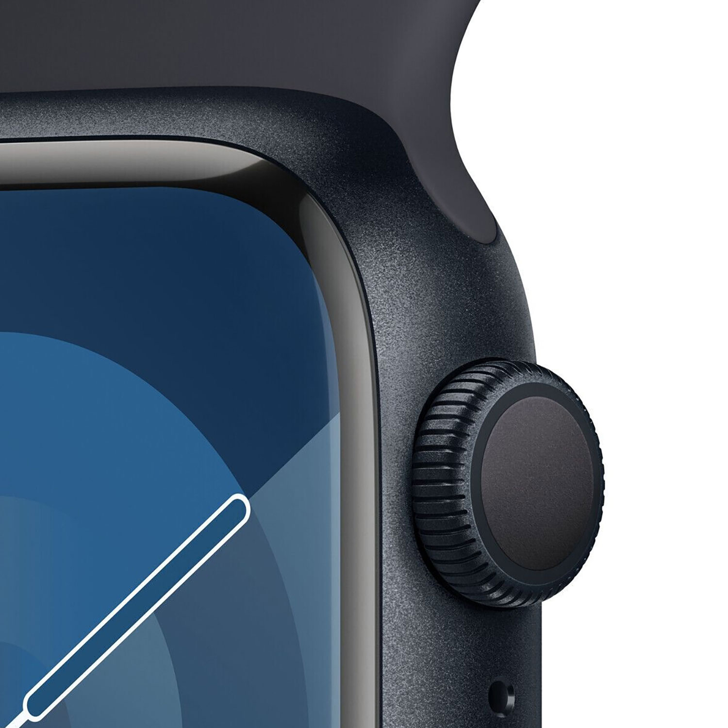 Gros plan d'une smartwatch noire, montrant l'écran avec un trait blanc et le bouton rotatif.