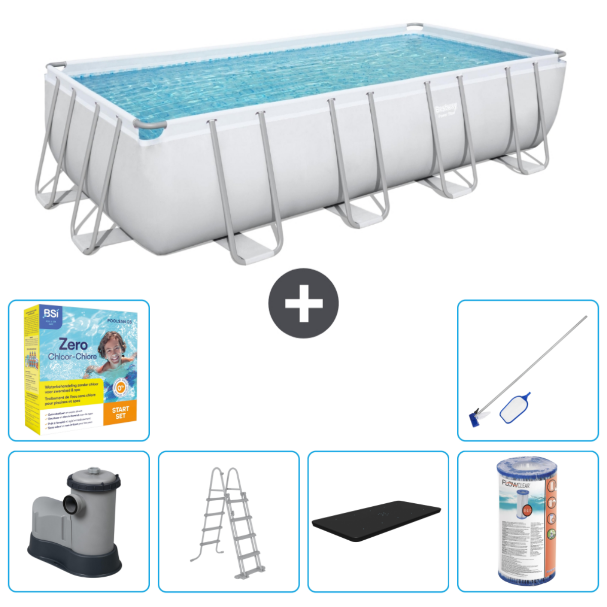 Een rechthoekig bovengronds zwembad met accessoires. Het zwembad is gevuld met water en heeft een wit frame.