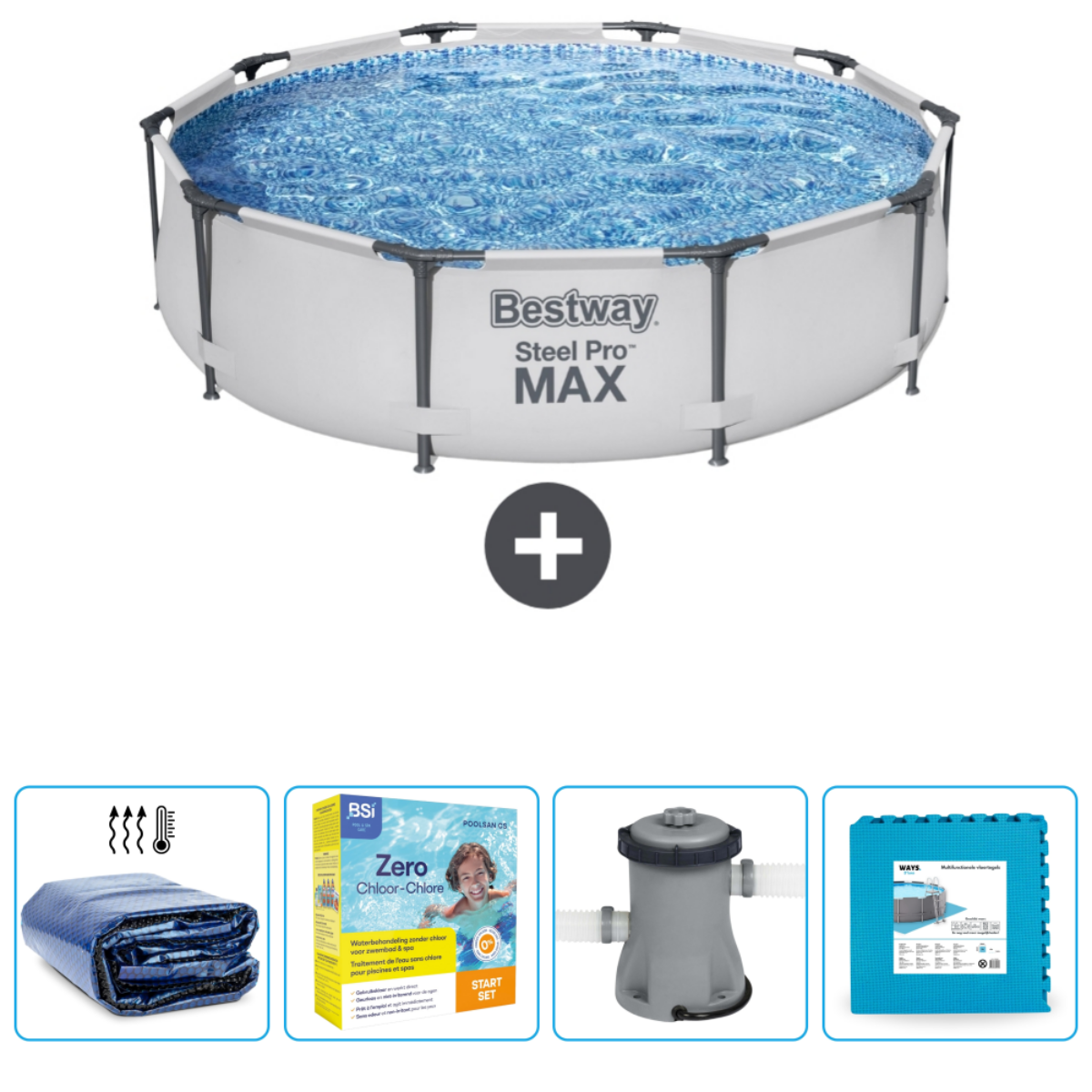Ronde zwembad met water, accessoires. Bestway Steel Pro Max label. Afdekking en chemicaliën zichtbaar.